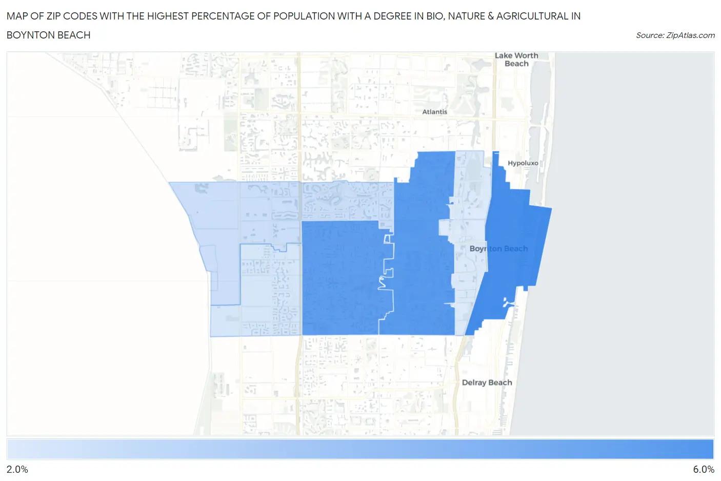 Zip Codes with the Highest Percentage of Population with a Degree in Bio, Nature & Agricultural in Boynton Beach Map