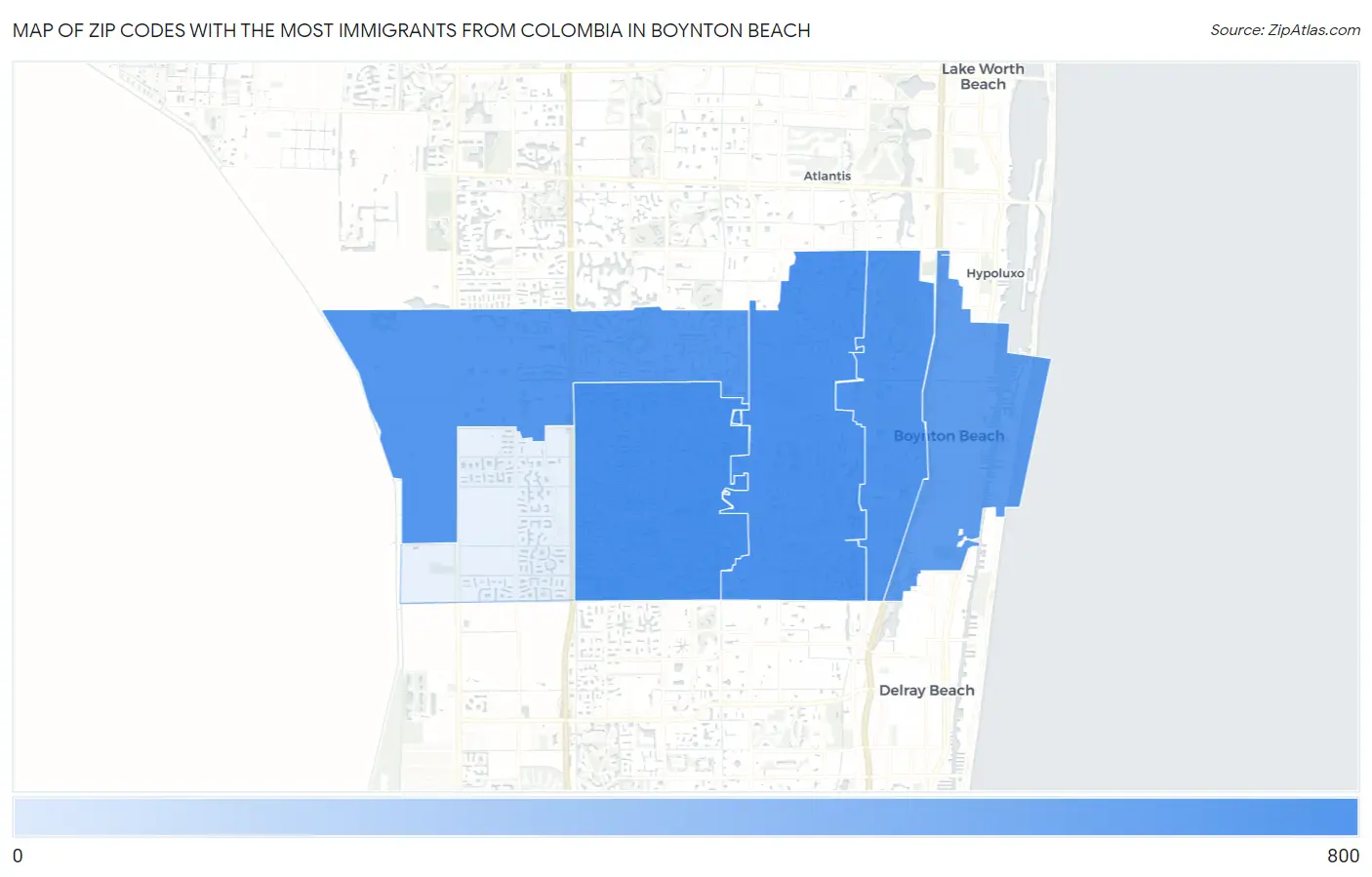 Zip Codes with the Most Immigrants from Colombia in Boynton Beach Map