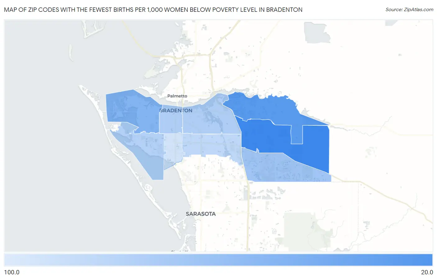 Zip Codes with the Fewest Births per 1,000 Women Below Poverty Level in Bradenton Map