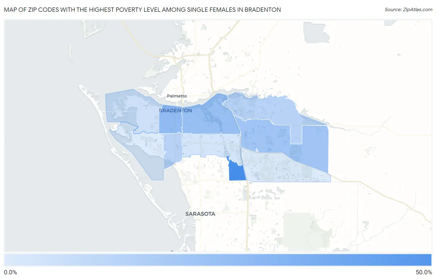 Zip Codes with the Highest Poverty Level Among Single Females in Bradenton Map