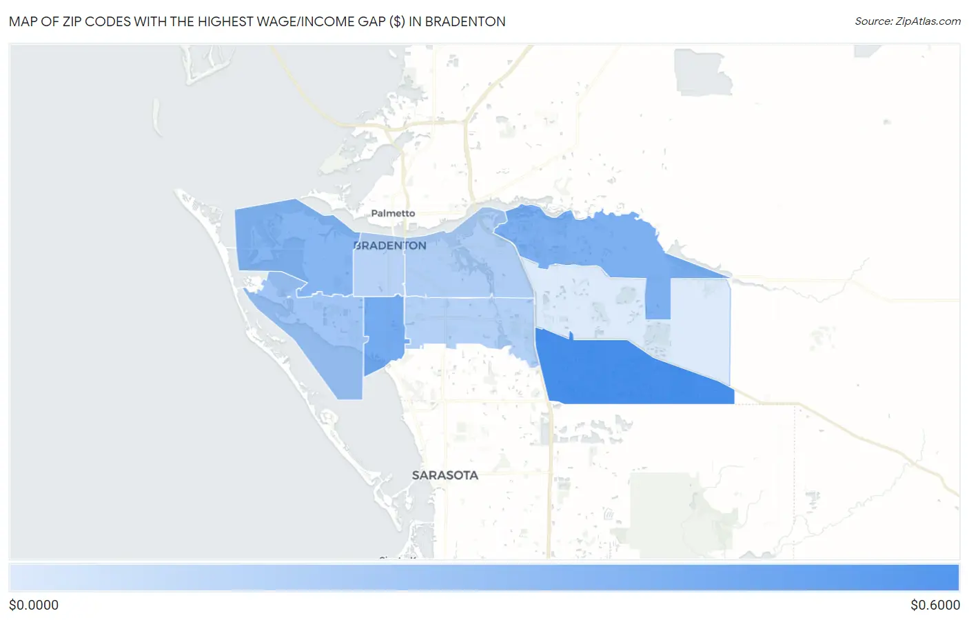 Zip Codes with the Highest Wage/Income Gap ($) in Bradenton Map