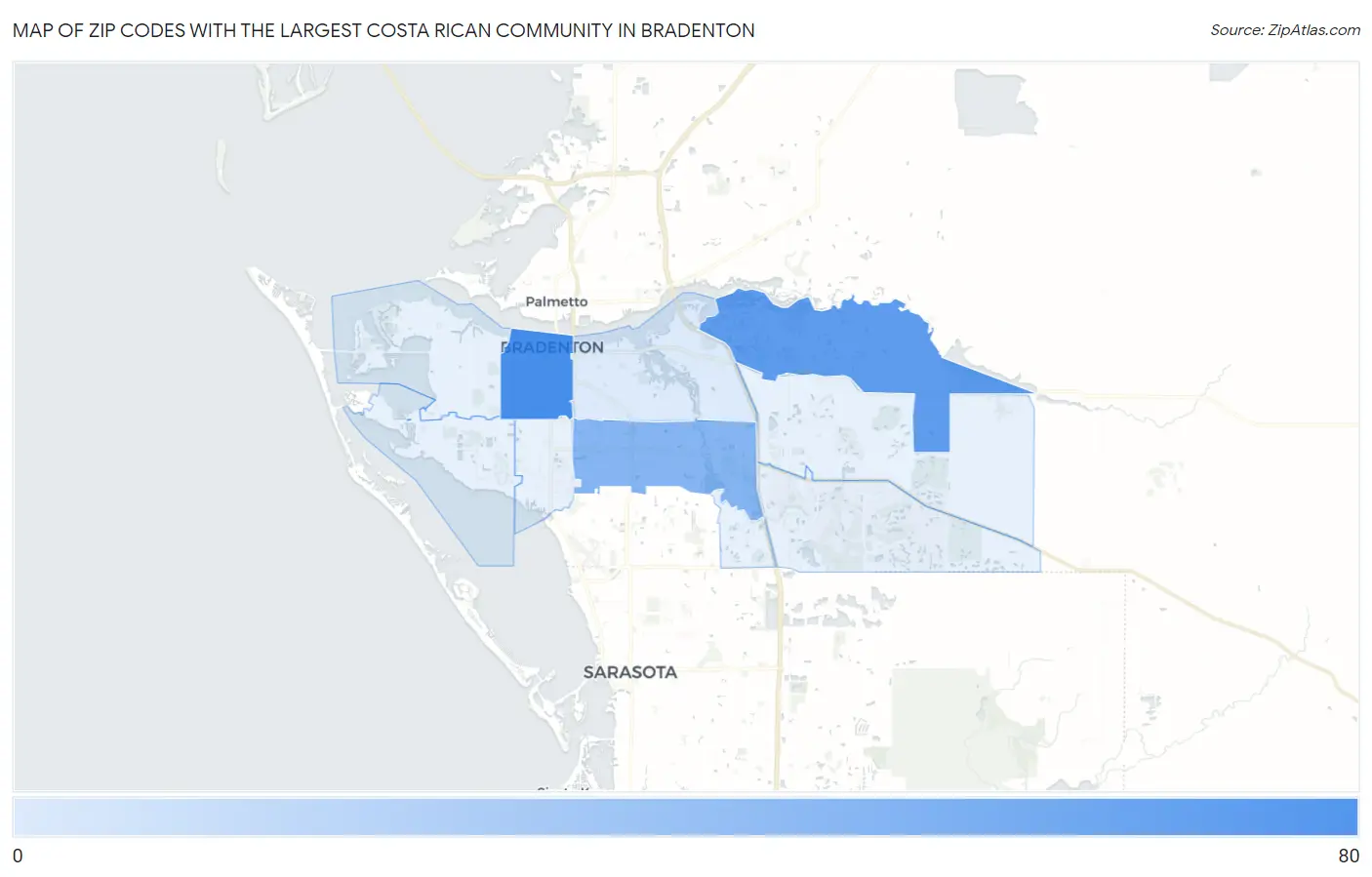 Zip Codes with the Largest Costa Rican Community in Bradenton Map