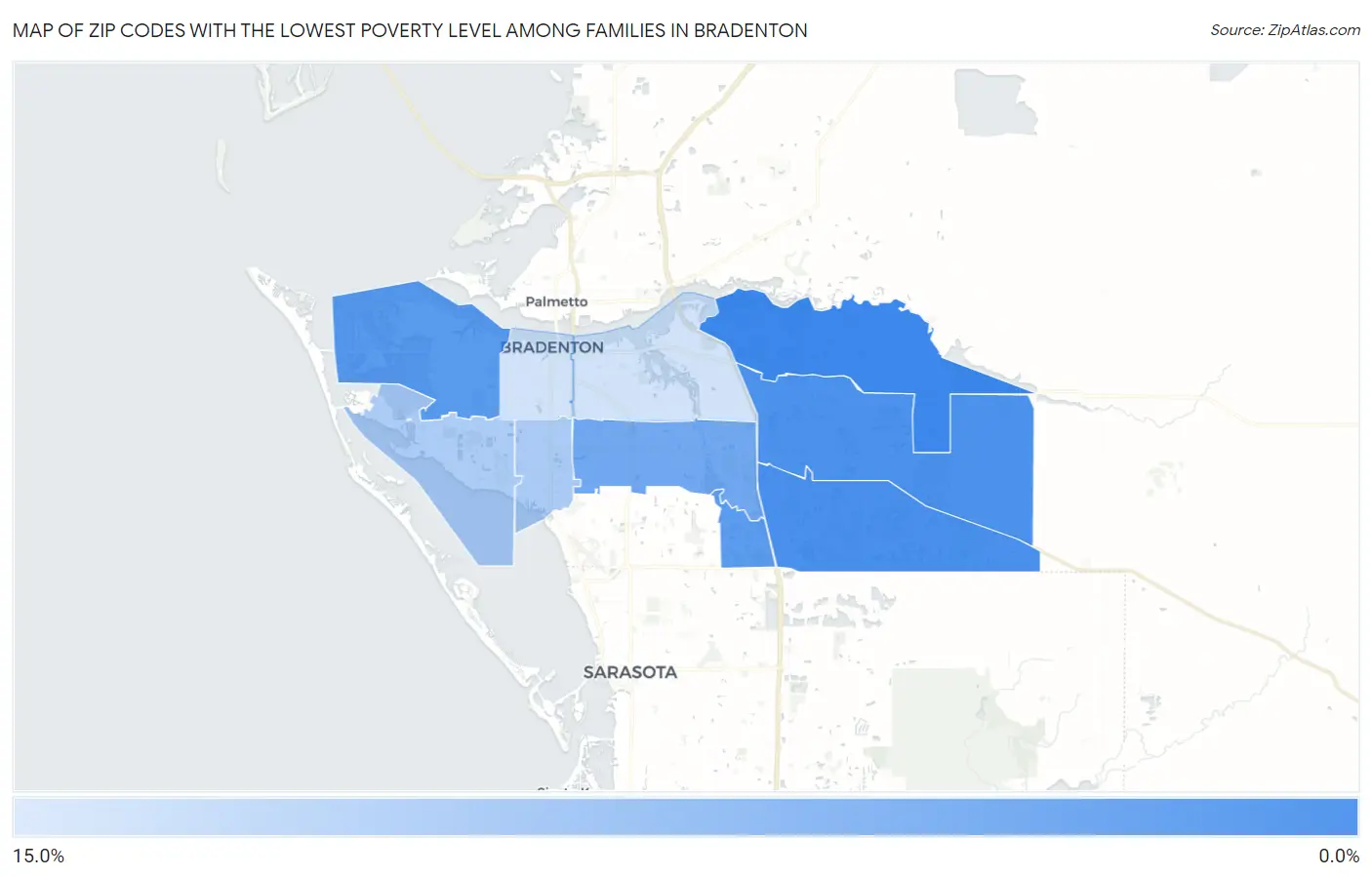 Zip Codes with the Lowest Poverty Level Among Families in Bradenton Map