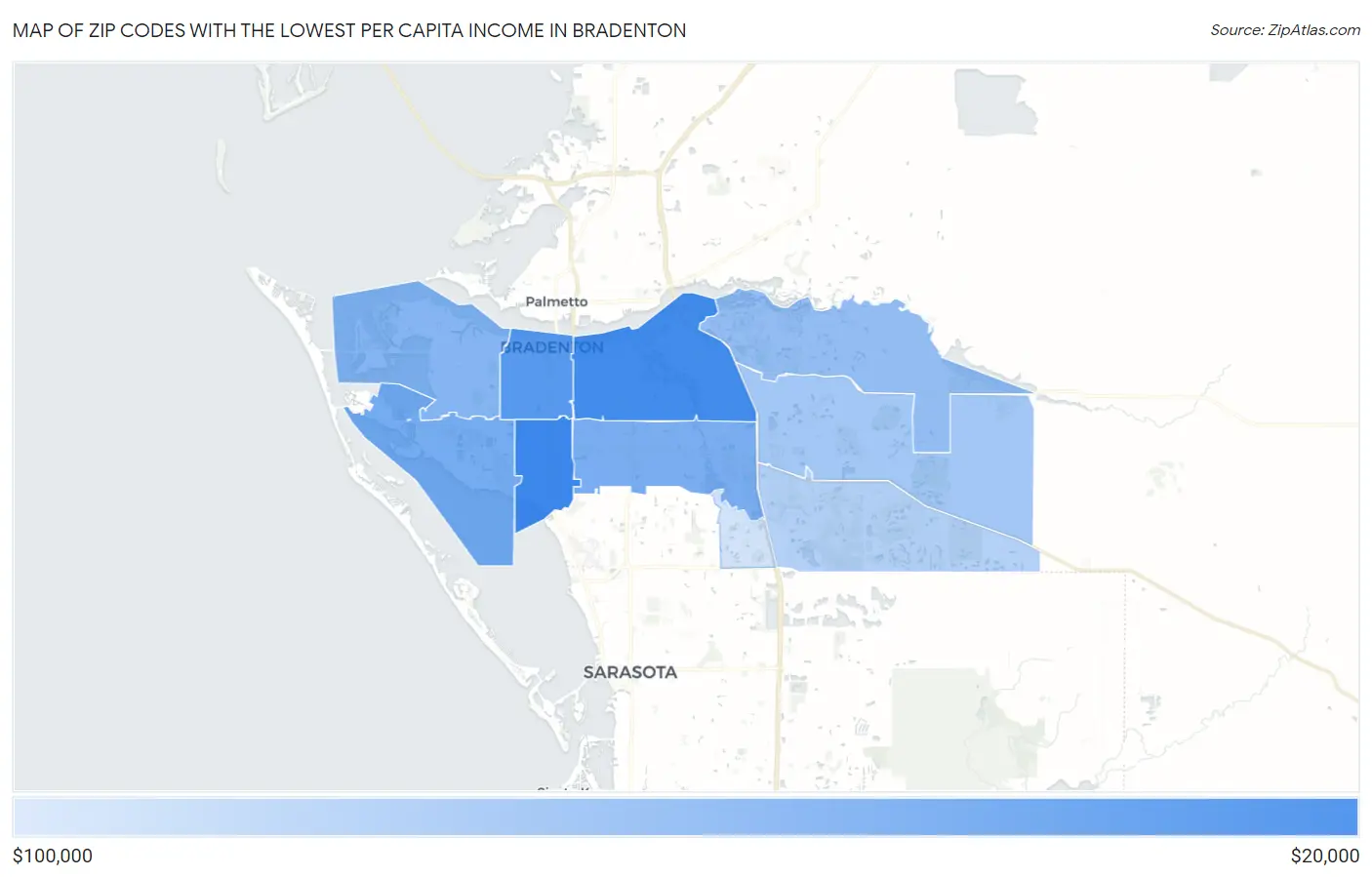 Zip Codes with the Lowest Per Capita Income in Bradenton Map