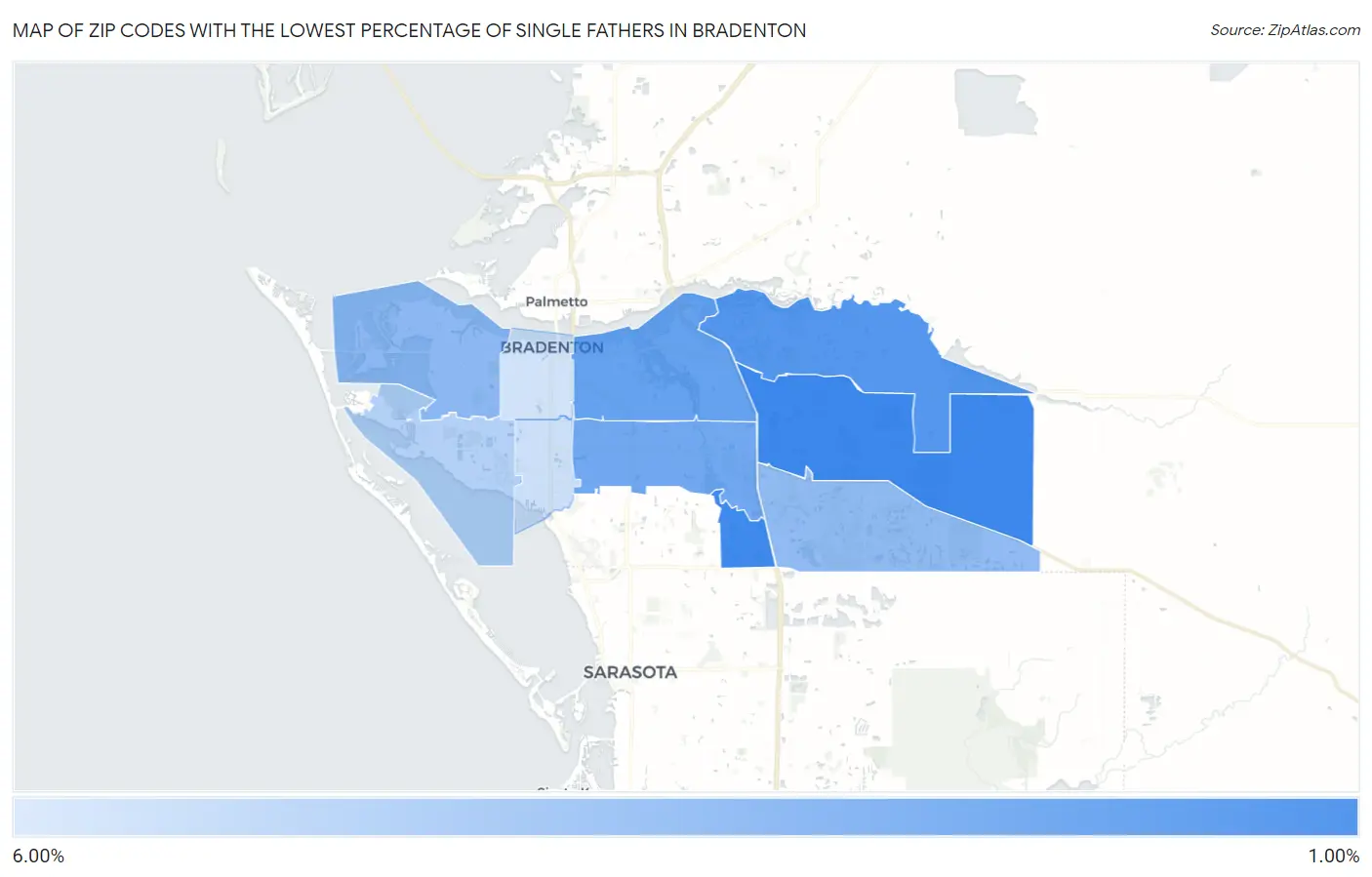 Zip Codes with the Lowest Percentage of Single Fathers in Bradenton Map