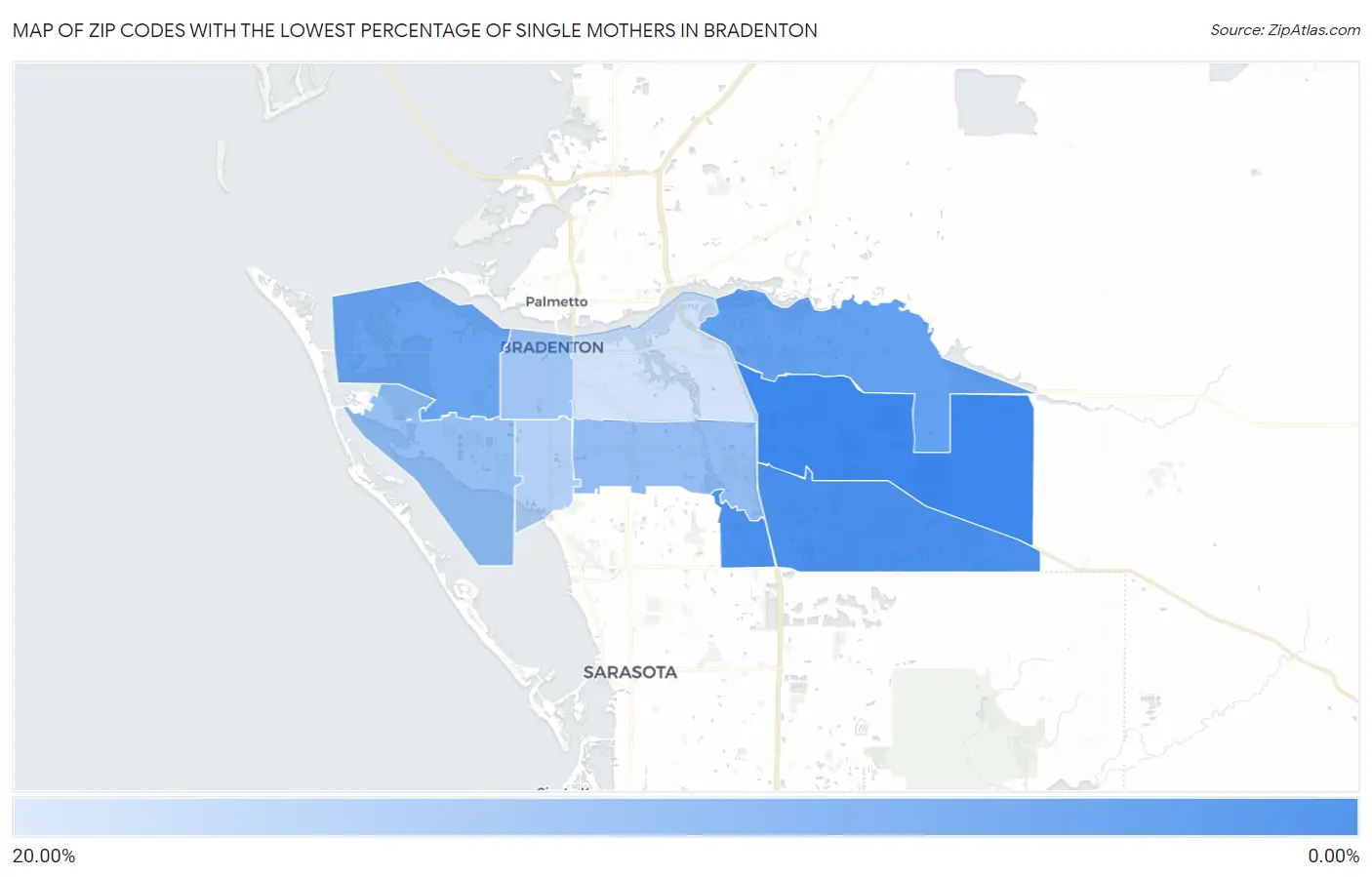 Zip Codes with the Lowest Percentage of Single Mothers in Bradenton Map