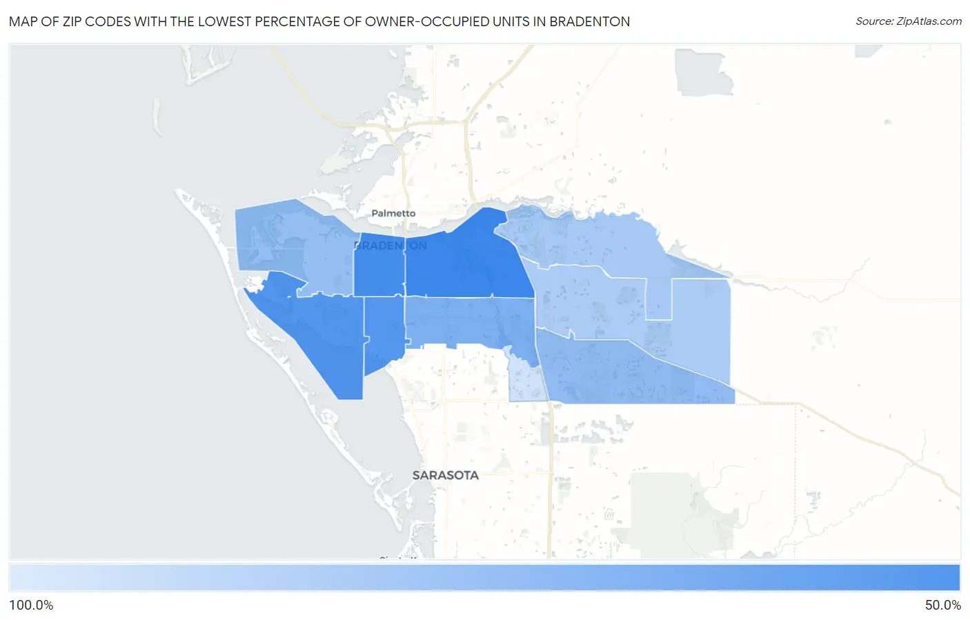 Zip Codes with the Lowest Percentage of Owner-Occupied Units in Bradenton Map