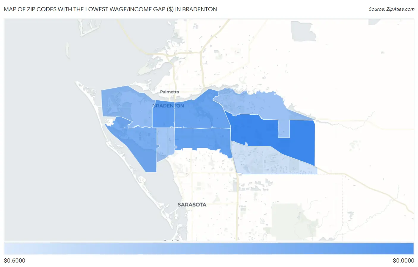Zip Codes with the Lowest Wage/Income Gap ($) in Bradenton Map