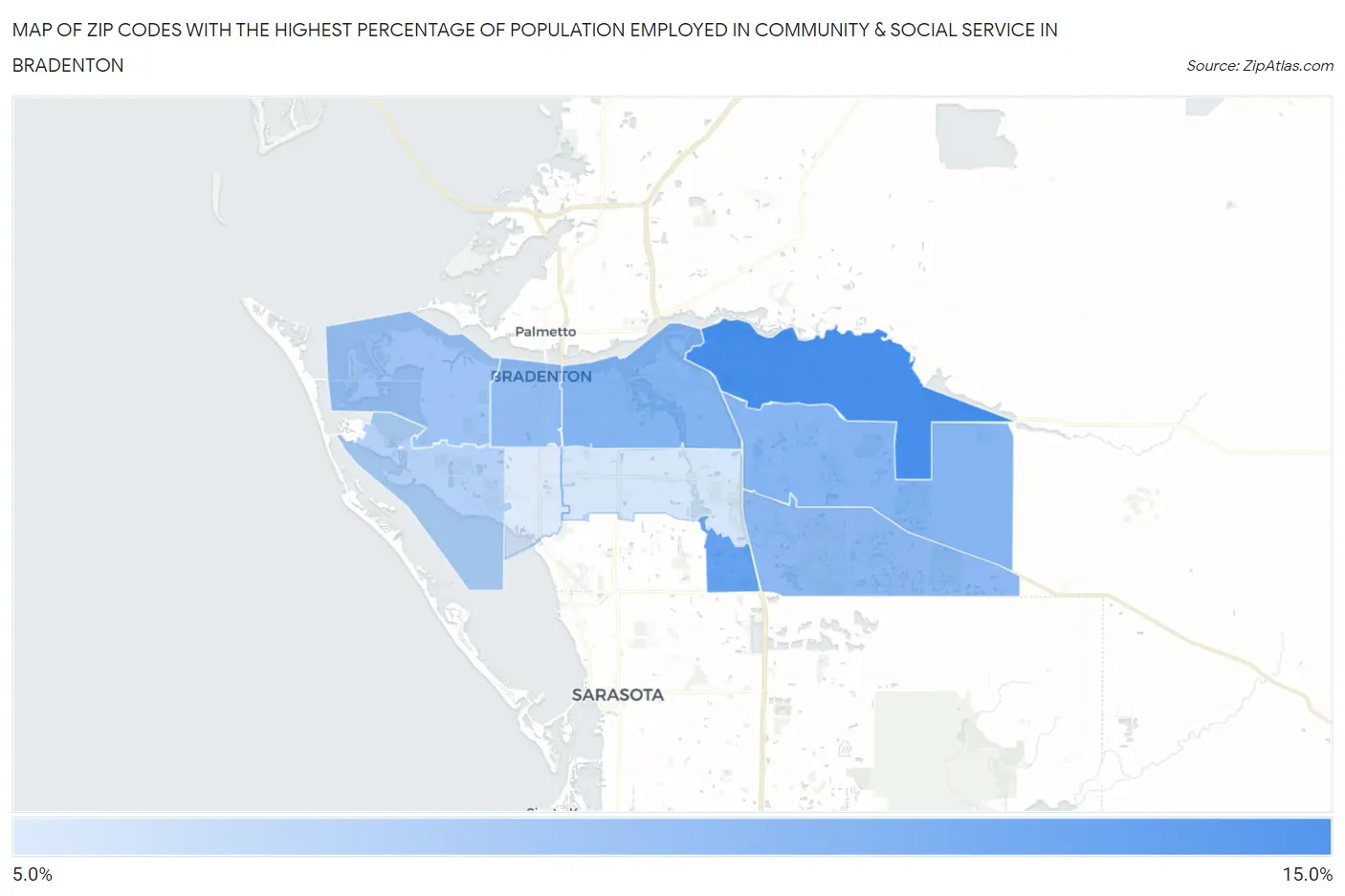 Zip Codes with the Highest Percentage of Population Employed in Community & Social Service  in Bradenton Map