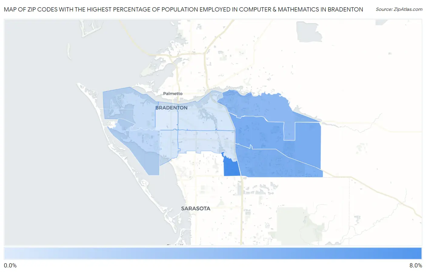 Zip Codes with the Highest Percentage of Population Employed in Computer & Mathematics in Bradenton Map