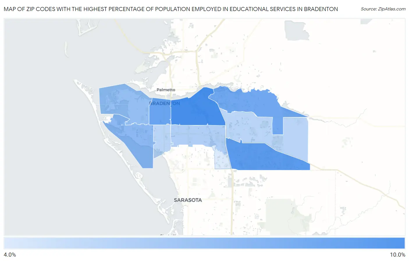 Zip Codes with the Highest Percentage of Population Employed in Educational Services in Bradenton Map