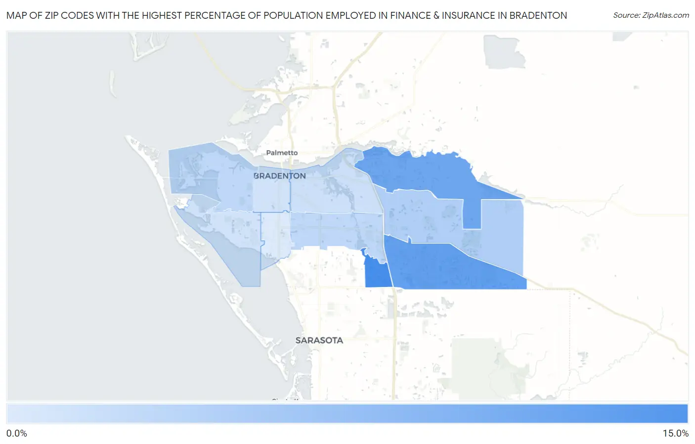 Zip Codes with the Highest Percentage of Population Employed in Finance & Insurance in Bradenton Map