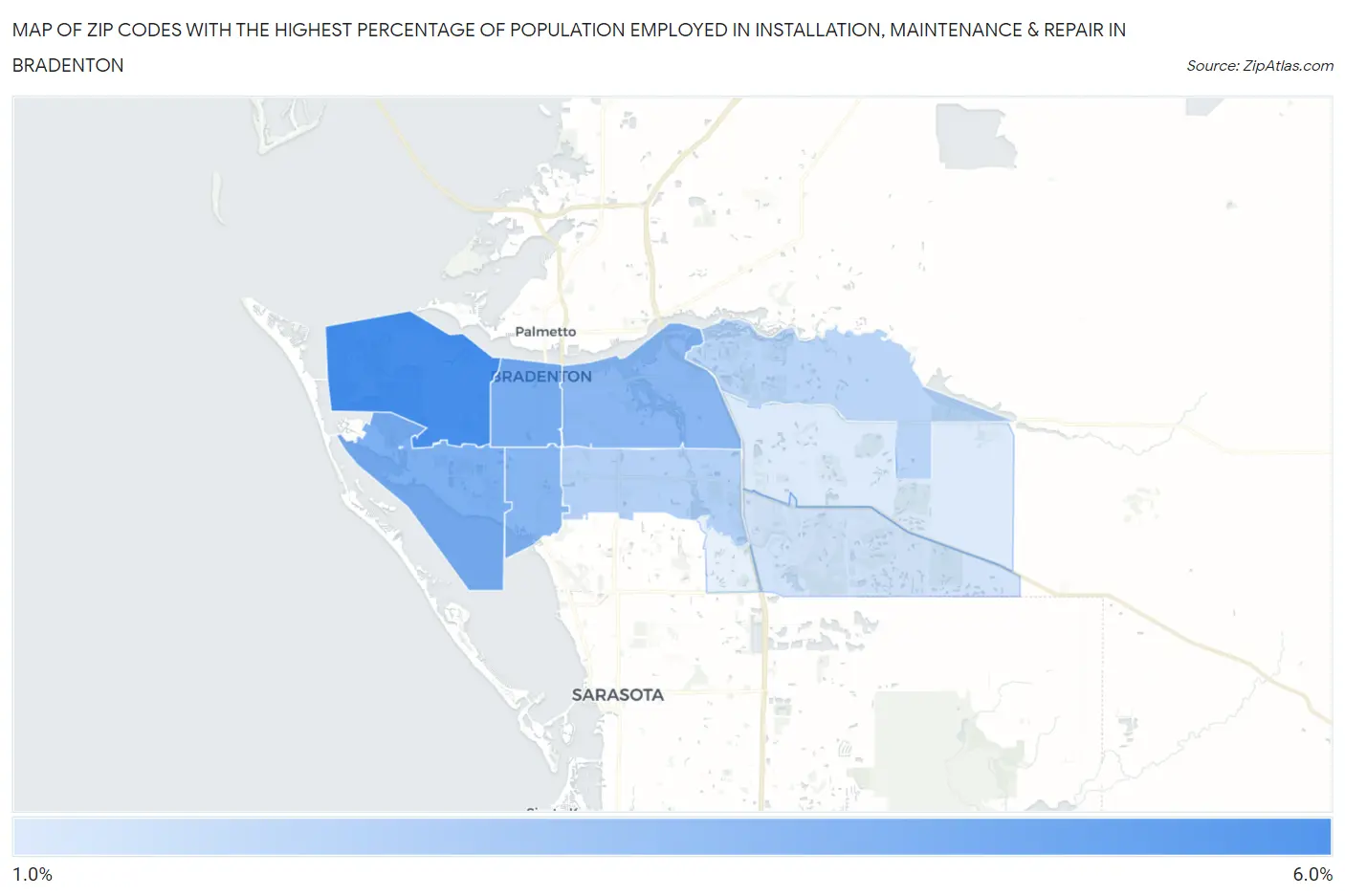 Zip Codes with the Highest Percentage of Population Employed in Installation, Maintenance & Repair in Bradenton Map