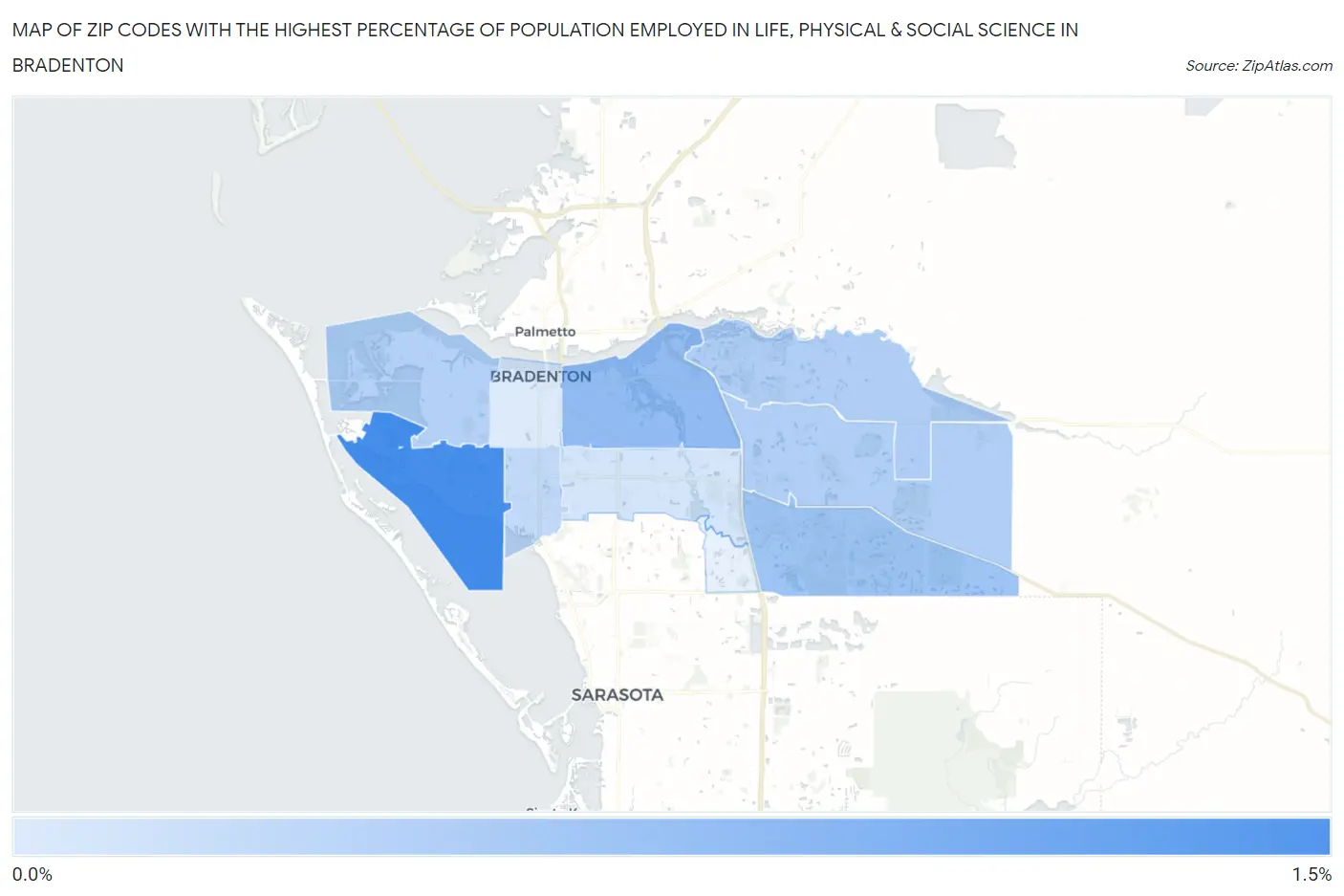 Zip Codes with the Highest Percentage of Population Employed in Life, Physical & Social Science in Bradenton Map