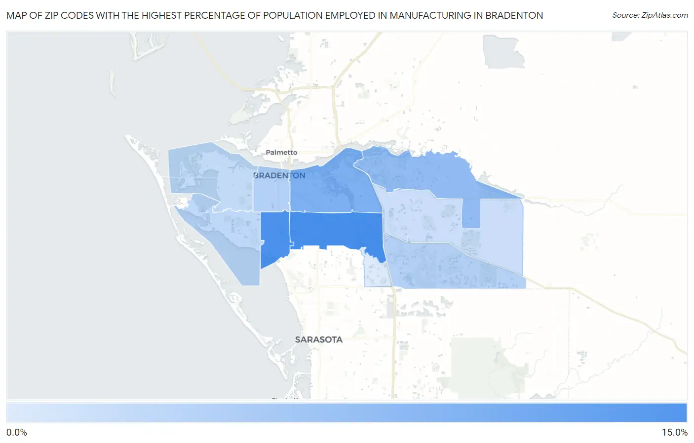 Zip Codes with the Highest Percentage of Population Employed in Manufacturing in Bradenton Map