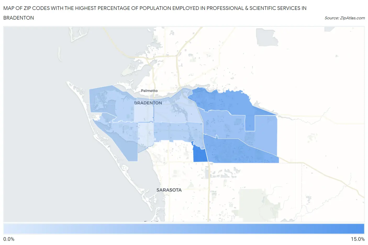 Zip Codes with the Highest Percentage of Population Employed in Professional & Scientific Services in Bradenton Map