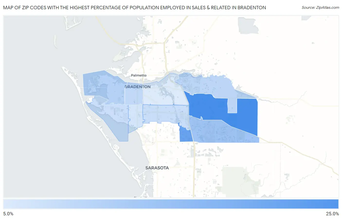 Zip Codes with the Highest Percentage of Population Employed in Sales & Related in Bradenton Map