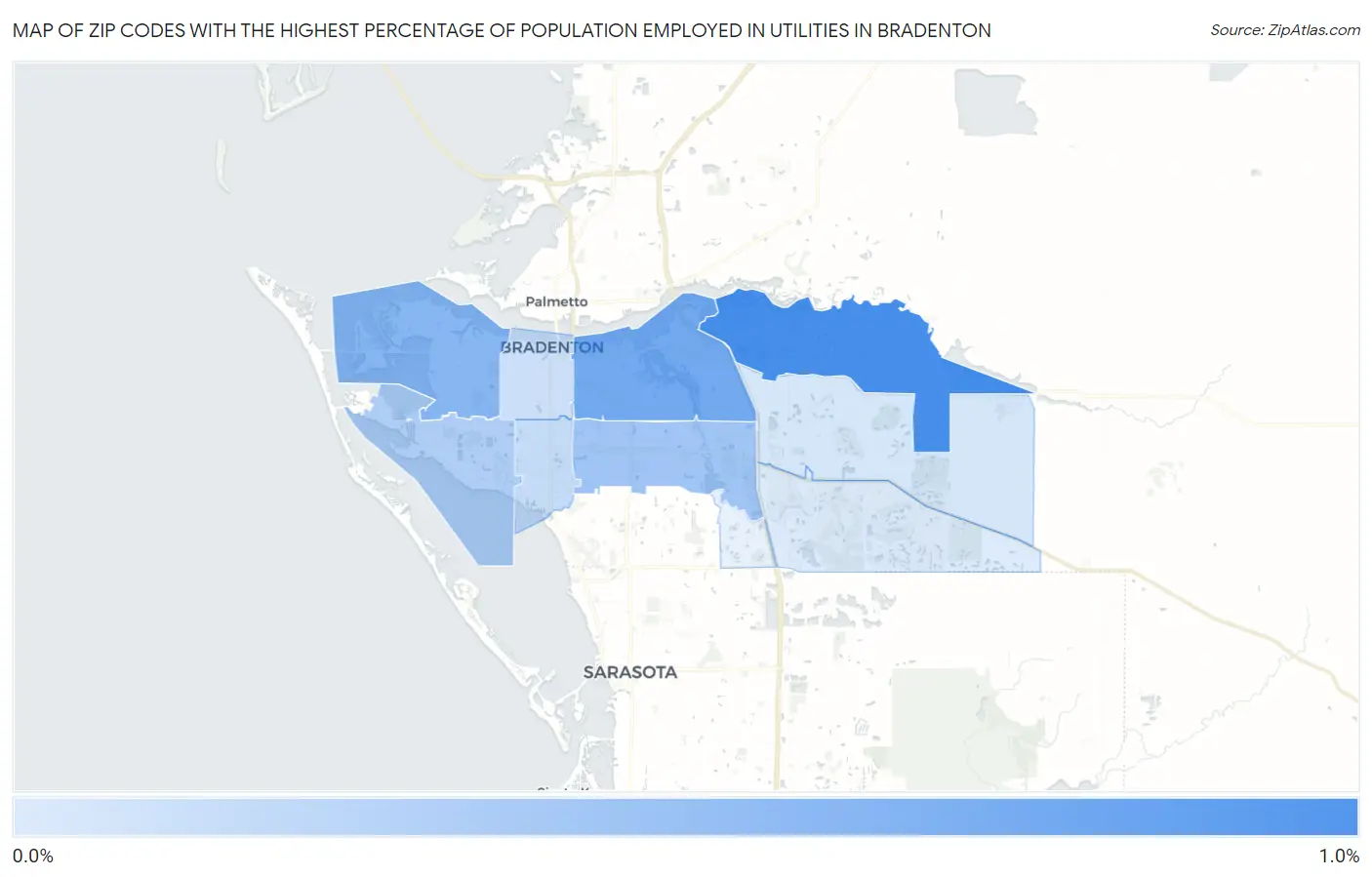 Zip Codes with the Highest Percentage of Population Employed in Utilities in Bradenton Map
