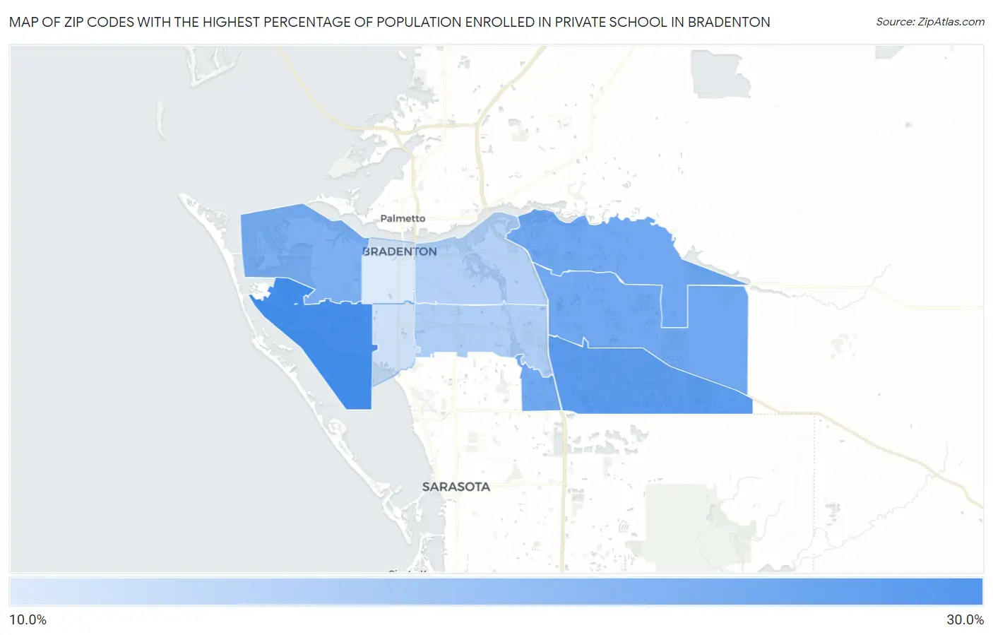 Zip Codes with the Highest Percentage of Population Enrolled in Private School in Bradenton Map