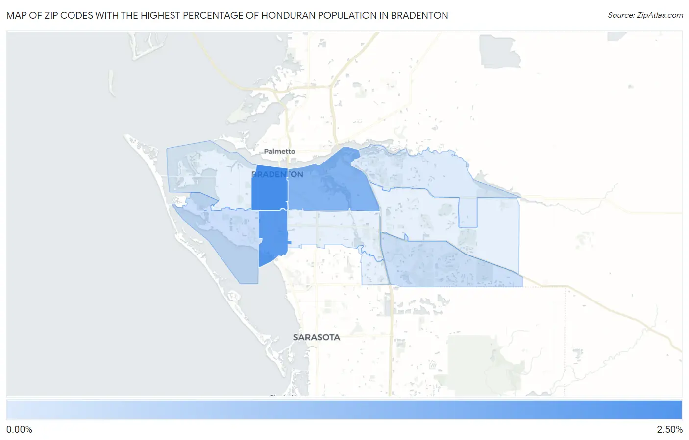 Zip Codes with the Highest Percentage of Honduran Population in Bradenton Map