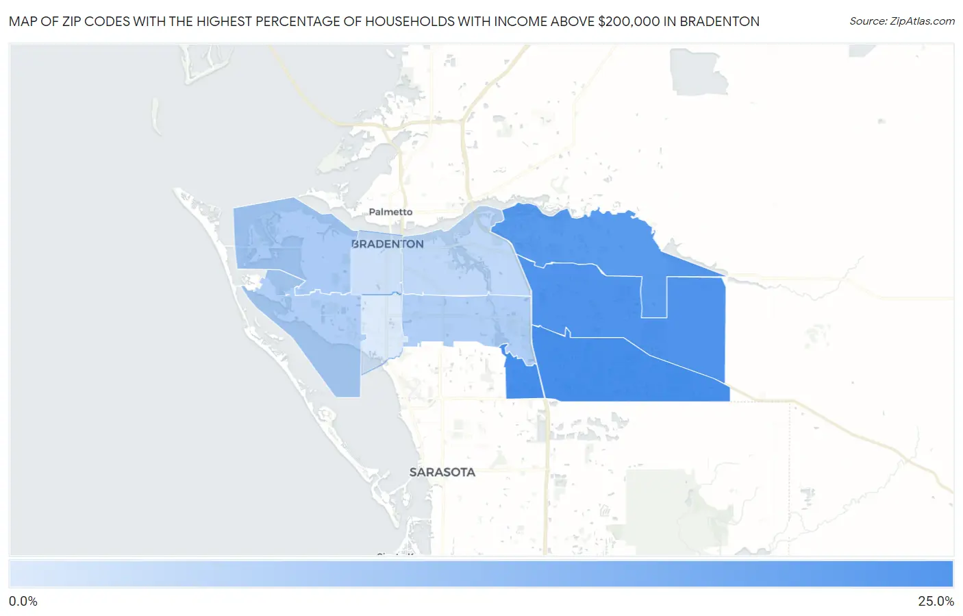 Zip Codes with the Highest Percentage of Households with Income Above $200,000 in Bradenton Map