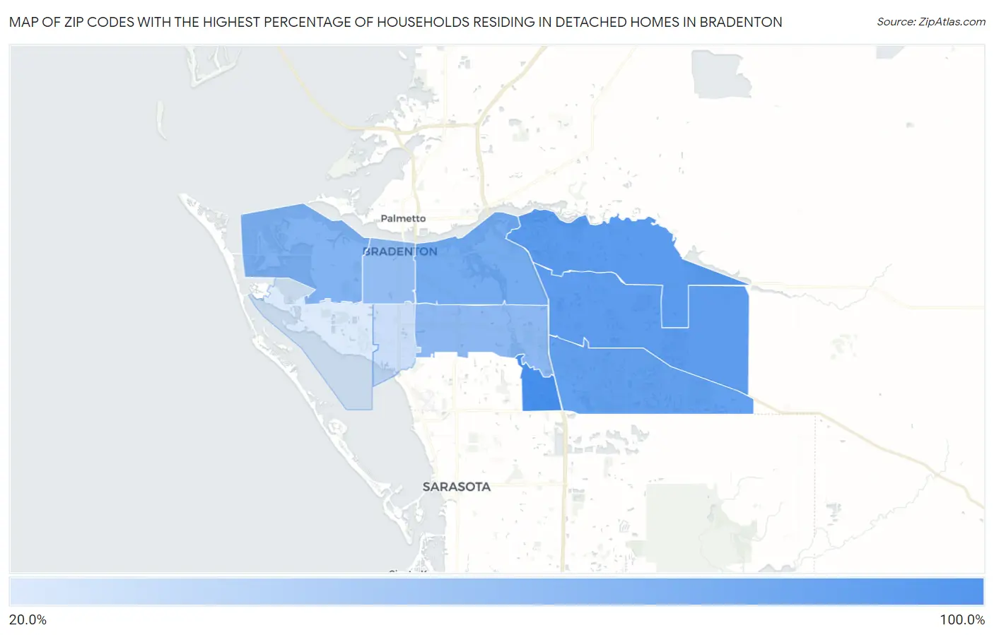 Zip Codes with the Highest Percentage of Households Residing in Detached Homes in Bradenton Map