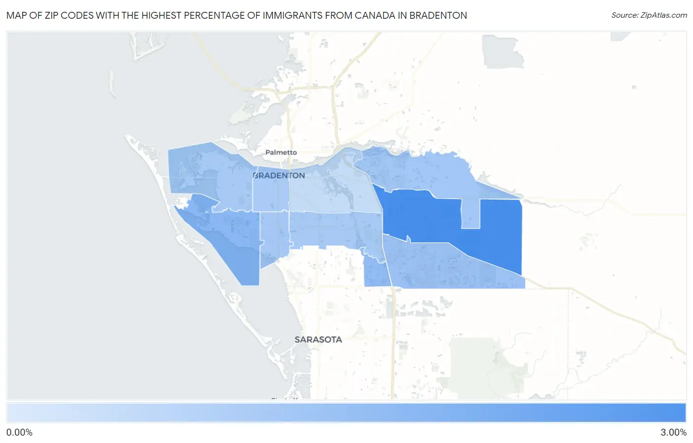 Zip Codes with the Highest Percentage of Immigrants from Canada in Bradenton Map