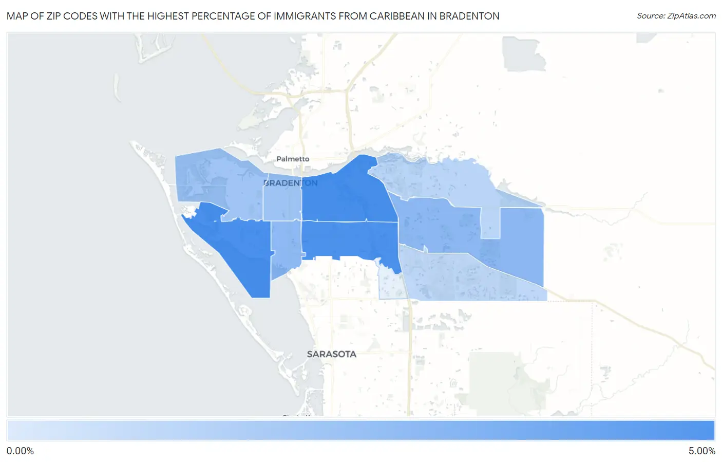 Zip Codes with the Highest Percentage of Immigrants from Caribbean in Bradenton Map