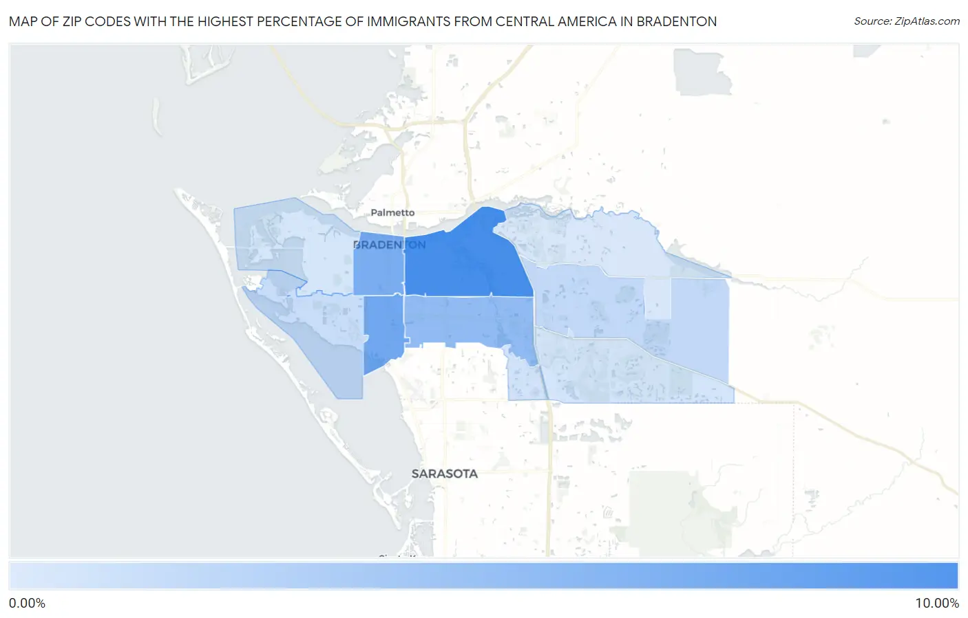 Zip Codes with the Highest Percentage of Immigrants from Central America in Bradenton Map