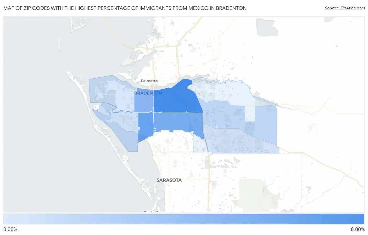Zip Codes with the Highest Percentage of Immigrants from Mexico in Bradenton Map