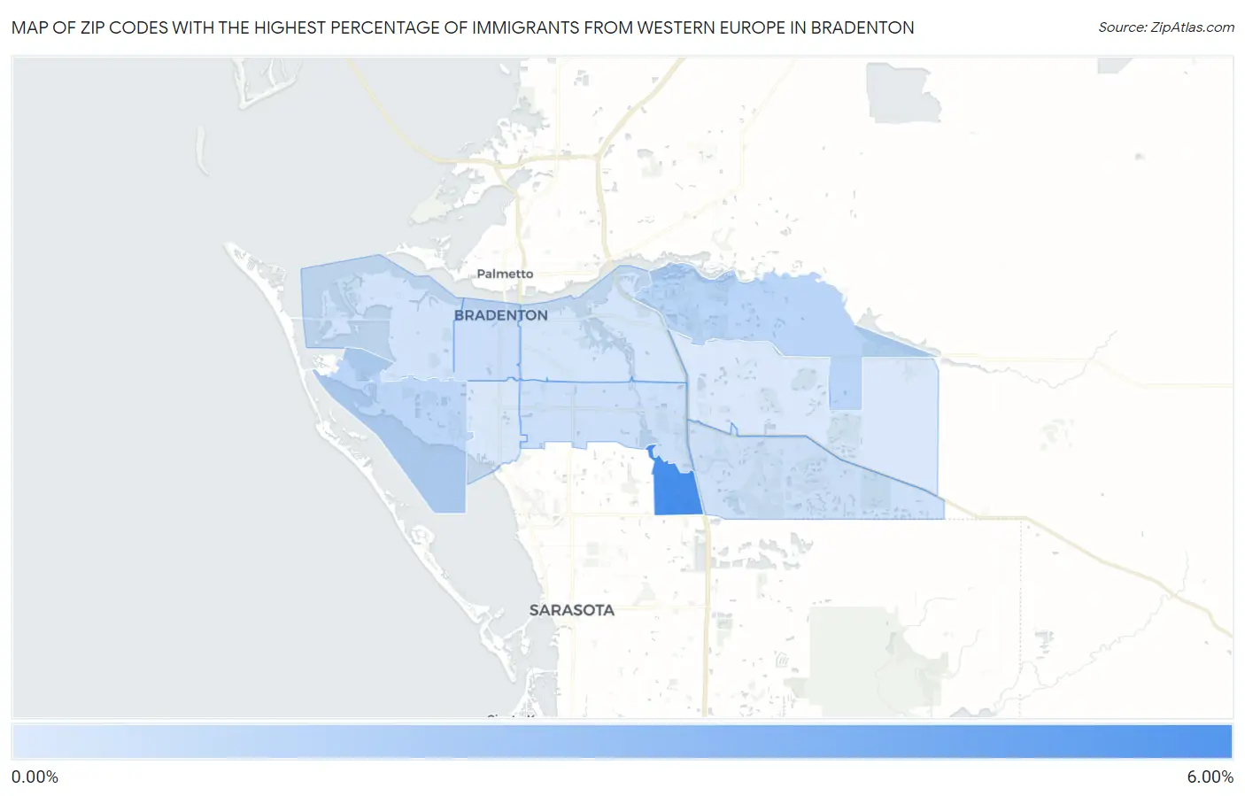 Zip Codes with the Highest Percentage of Immigrants from Western Europe in Bradenton Map