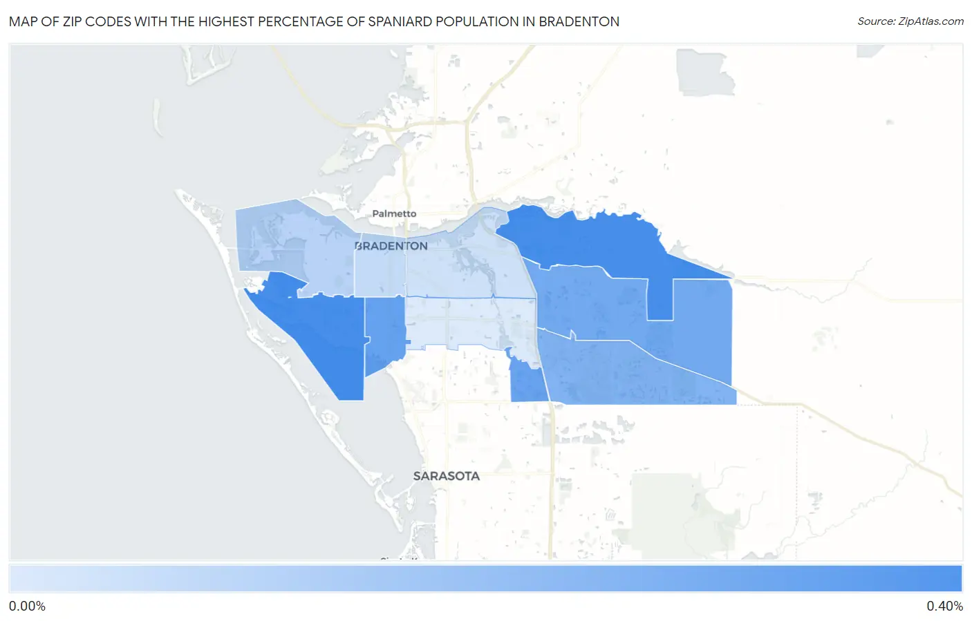 Zip Codes with the Highest Percentage of Spaniard Population in Bradenton Map