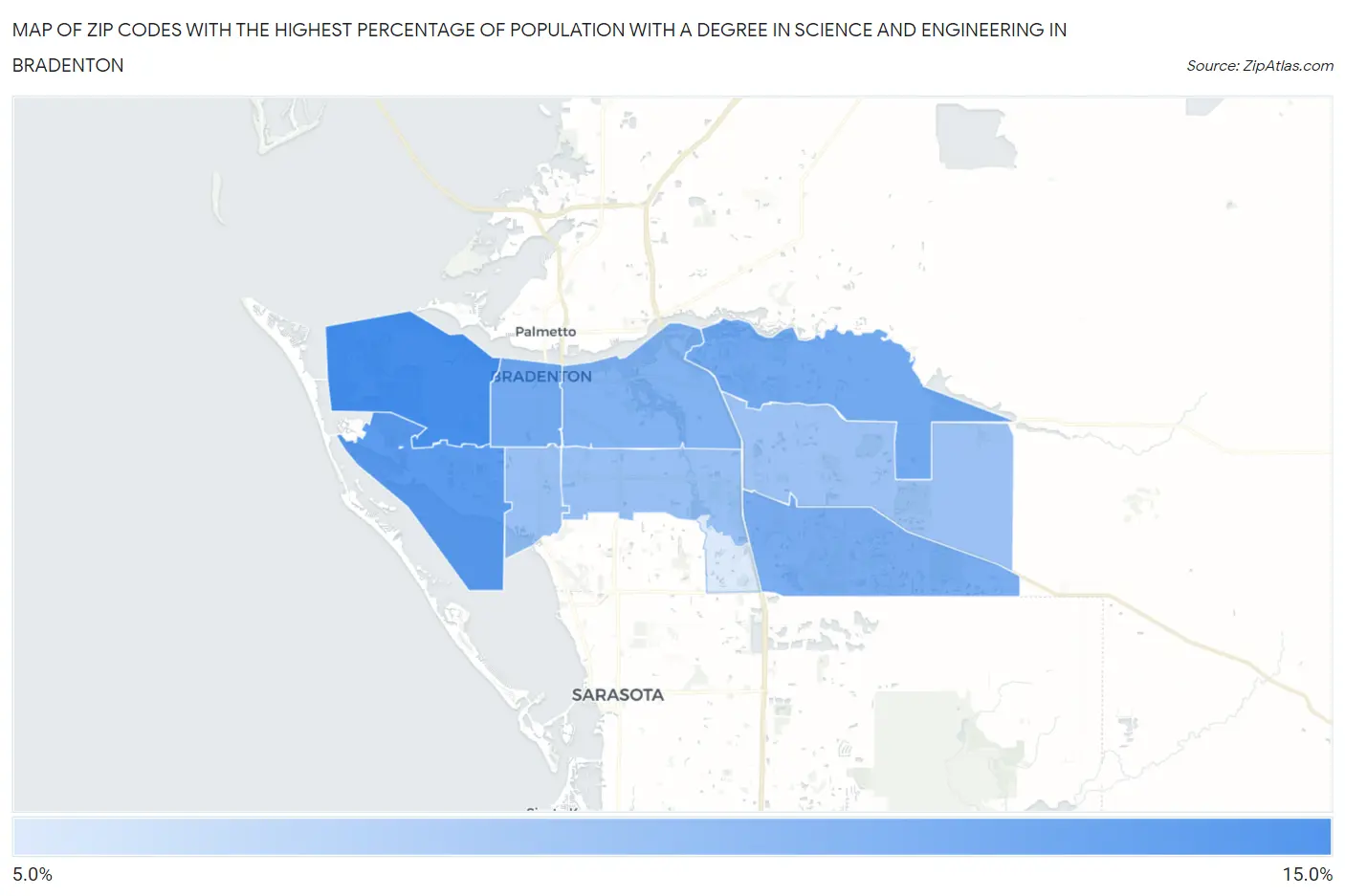 Zip Codes with the Highest Percentage of Population with a Degree in Science and Engineering in Bradenton Map