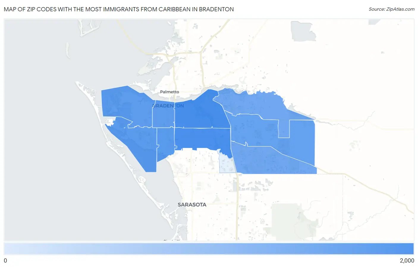 Zip Codes with the Most Immigrants from Caribbean in Bradenton Map