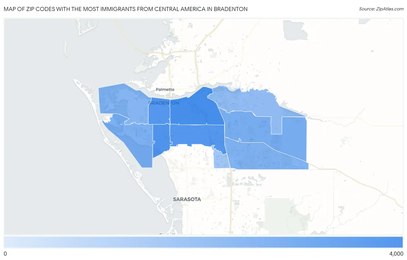 Zip Codes with the Most Immigrants from Central America in Bradenton Map