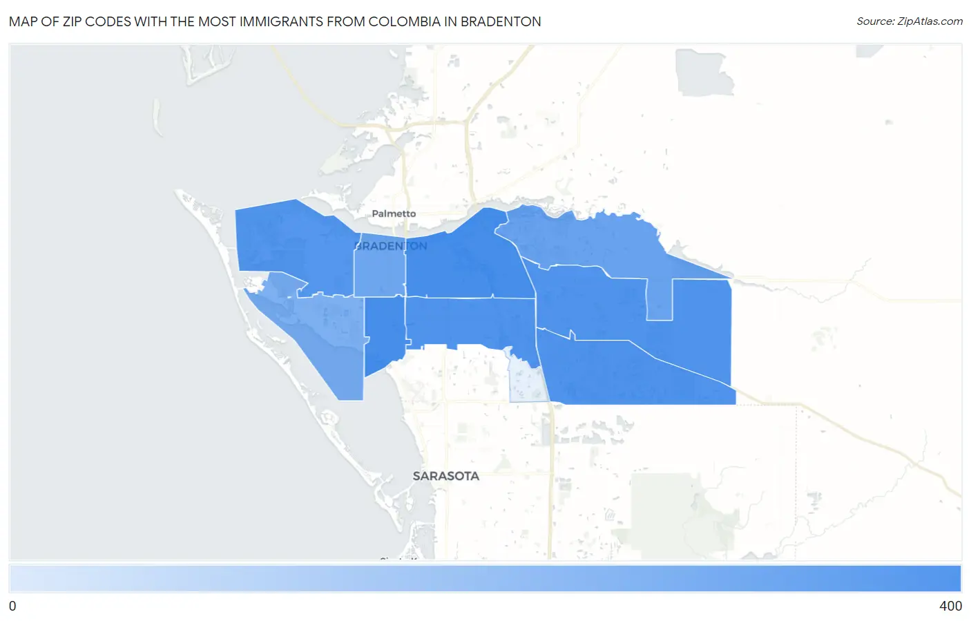 Zip Codes with the Most Immigrants from Colombia in Bradenton Map