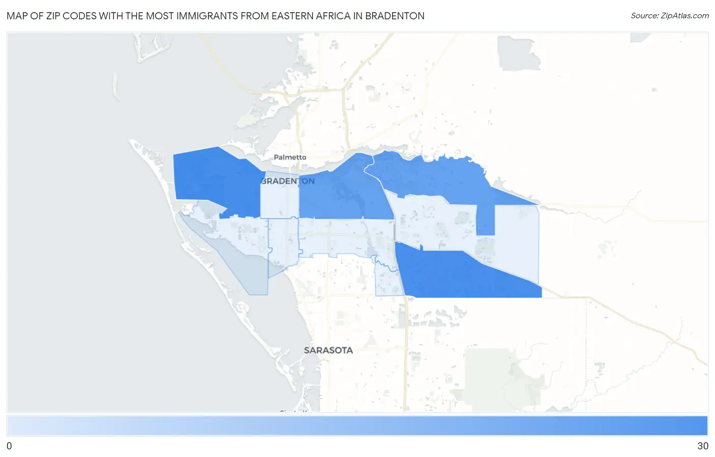 Zip Codes with the Most Immigrants from Eastern Africa in Bradenton Map