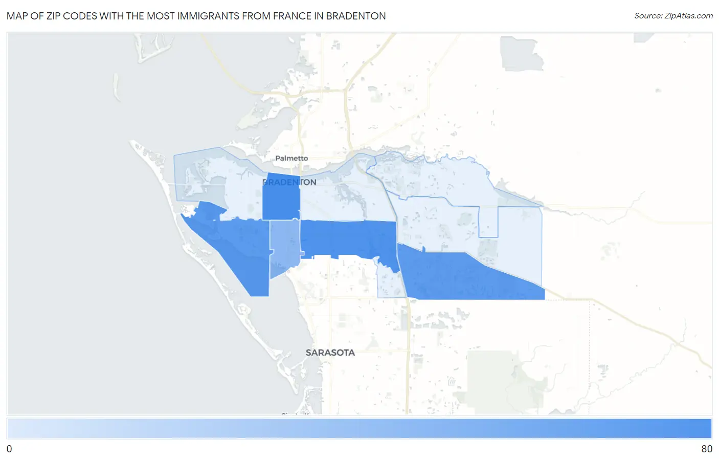 Zip Codes with the Most Immigrants from France in Bradenton Map