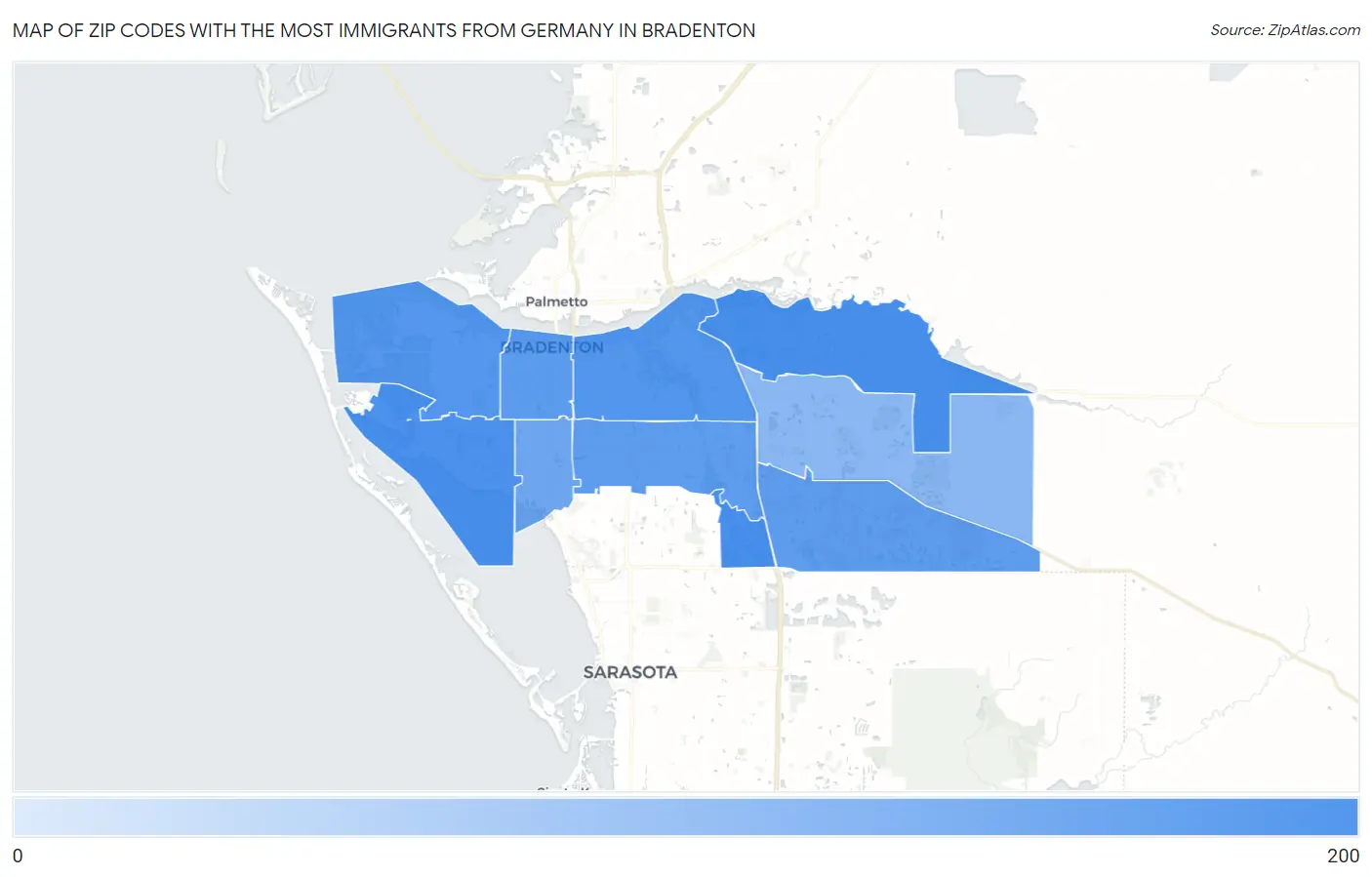 Zip Codes with the Most Immigrants from Germany in Bradenton Map