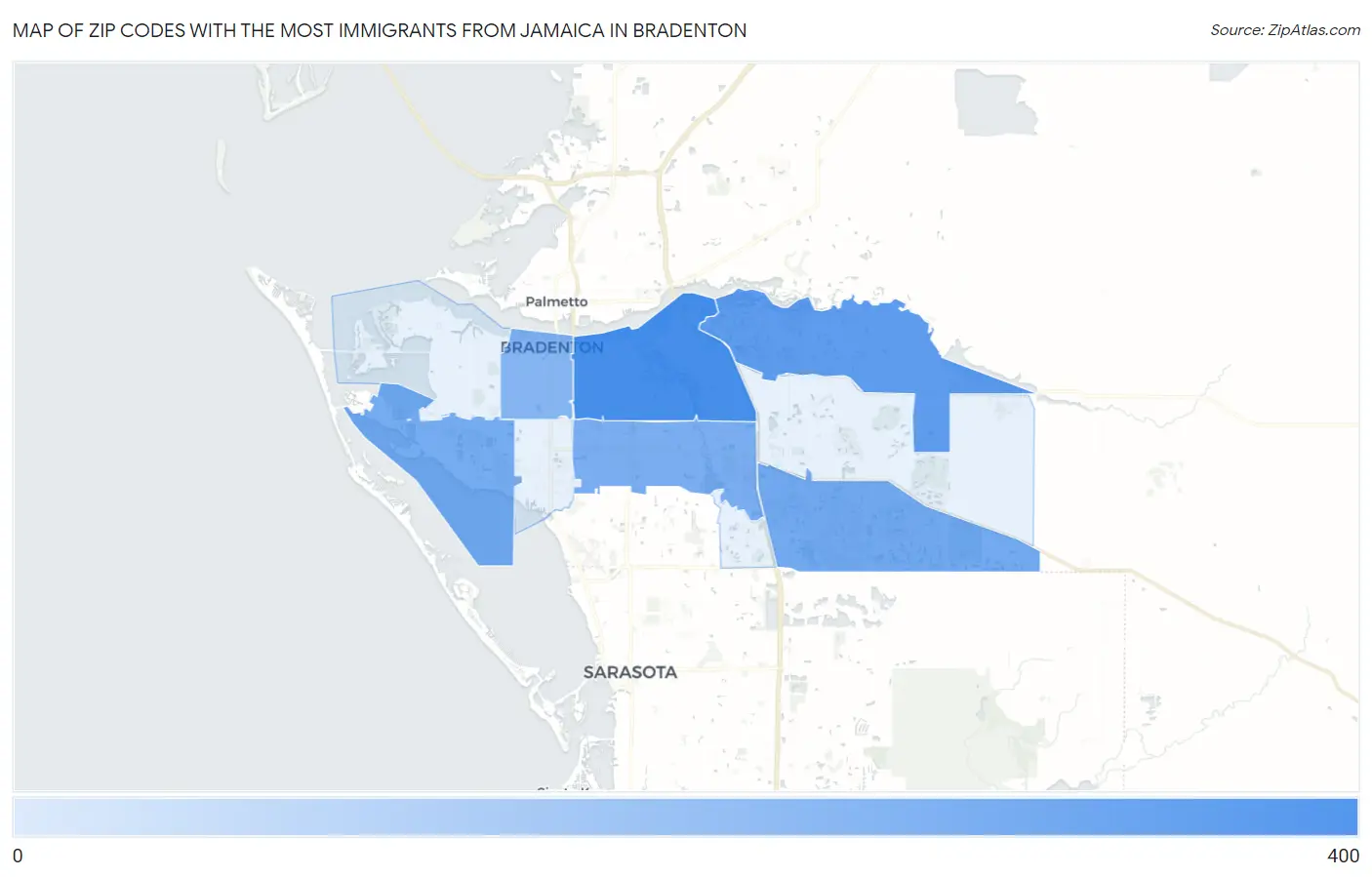 Zip Codes with the Most Immigrants from Jamaica in Bradenton Map