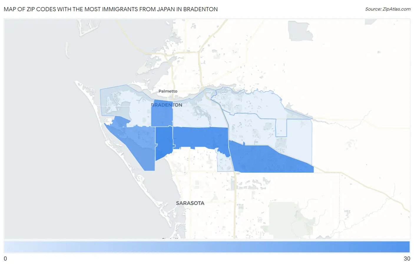 Zip Codes with the Most Immigrants from Japan in Bradenton Map