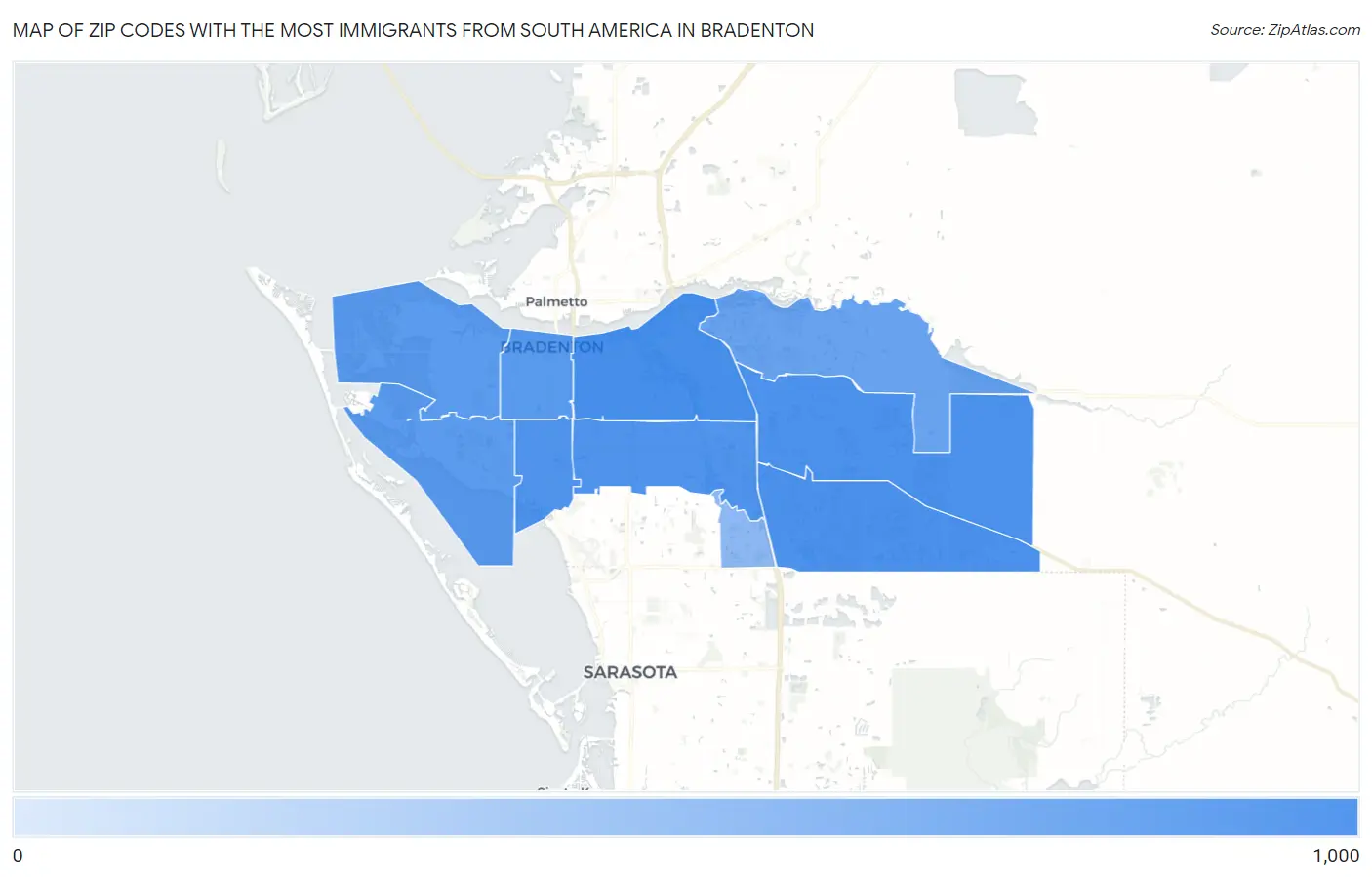 Zip Codes with the Most Immigrants from South America in Bradenton Map