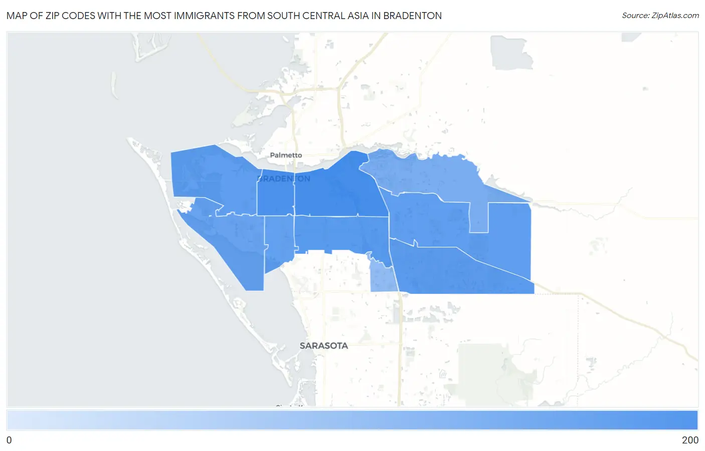 Zip Codes with the Most Immigrants from South Central Asia in Bradenton Map