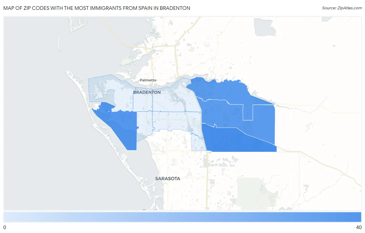 Zip Codes with the Most Immigrants from Spain in Bradenton Map
