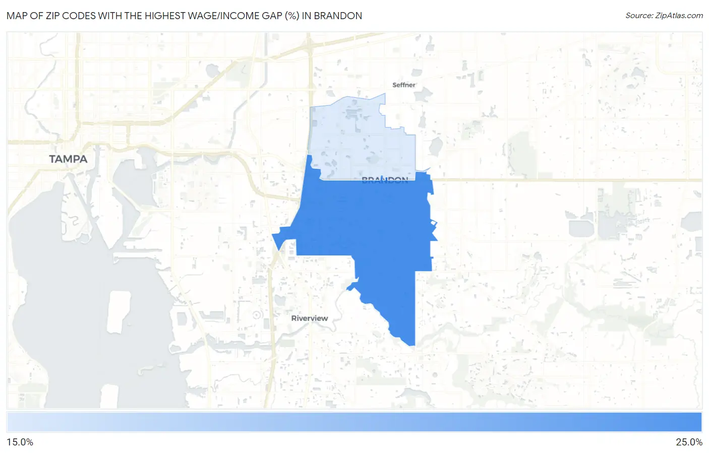 Zip Codes with the Highest Wage/Income Gap (%) in Brandon Map