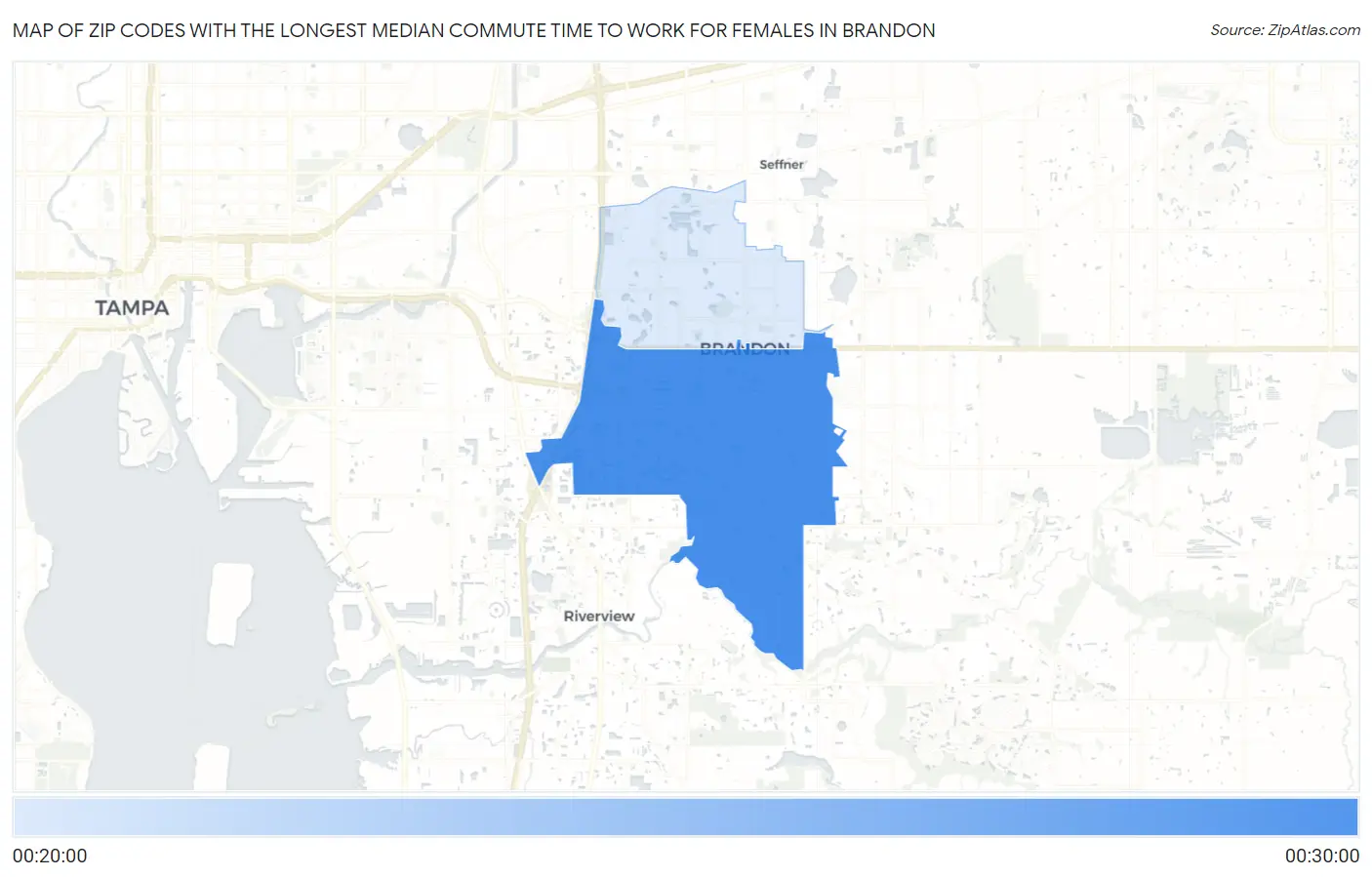 Zip Codes with the Longest Median Commute Time to Work for Females in Brandon Map