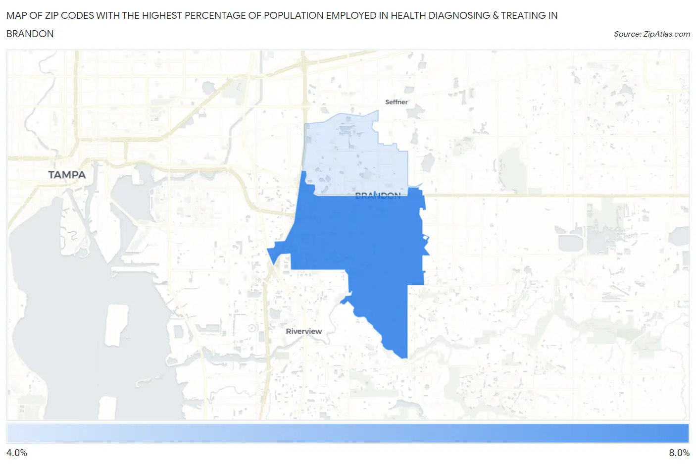 Zip Codes with the Highest Percentage of Population Employed in Health Diagnosing & Treating in Brandon Map