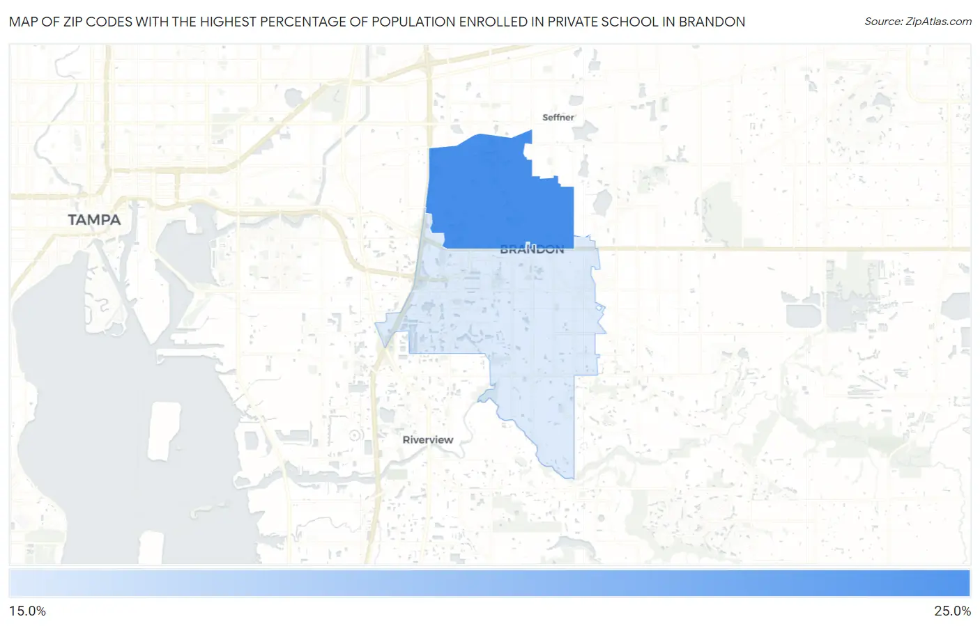 Zip Codes with the Highest Percentage of Population Enrolled in Private School in Brandon Map