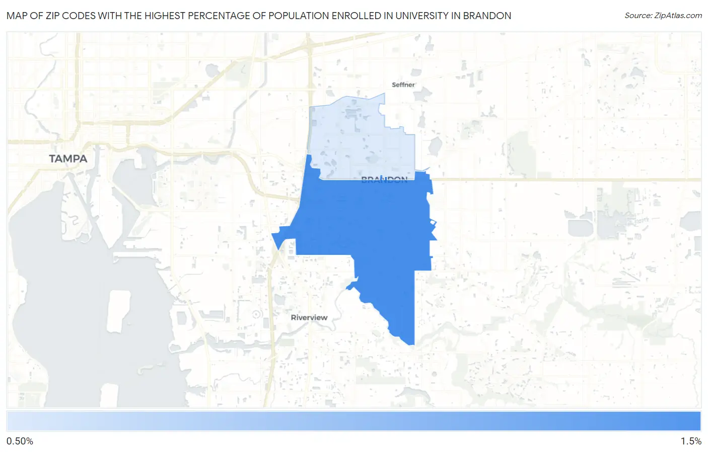 Zip Codes with the Highest Percentage of Population Enrolled in University in Brandon Map