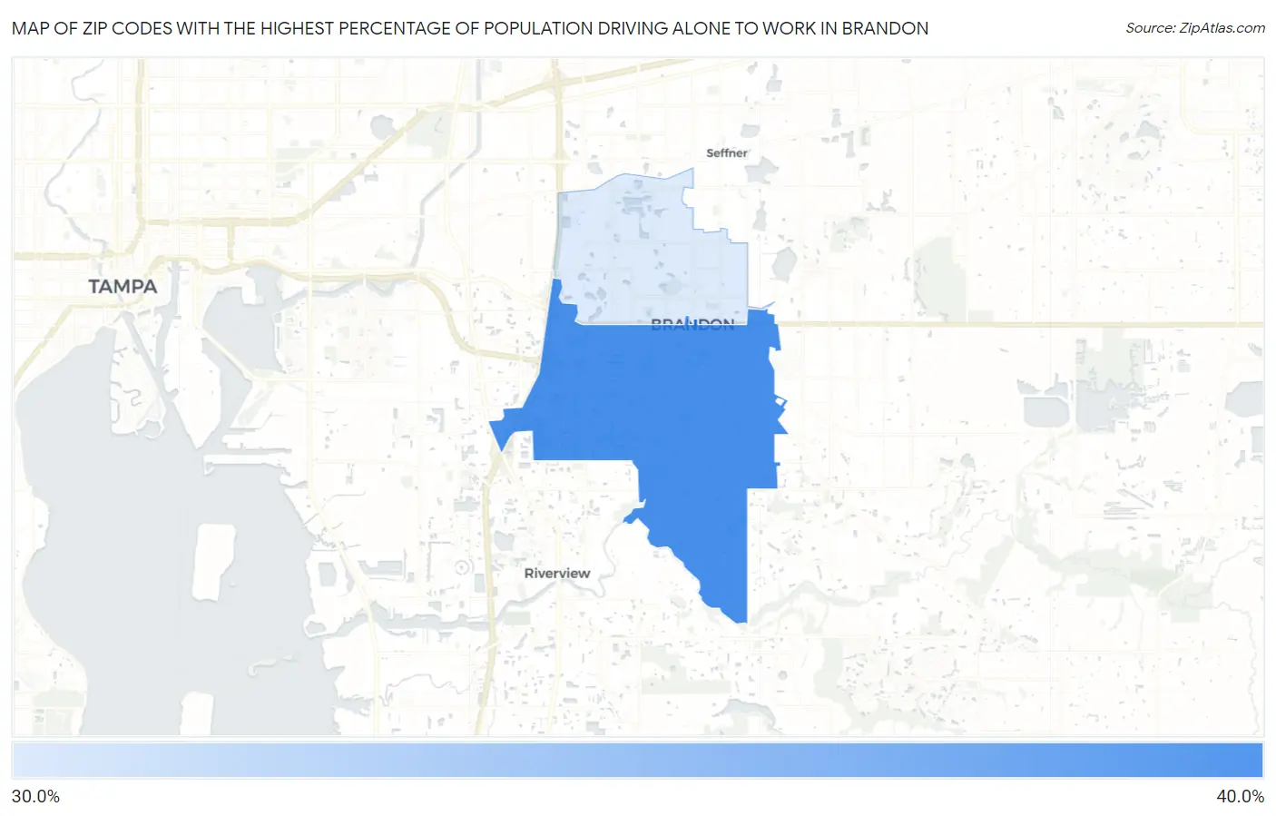 Zip Codes with the Highest Percentage of Population Driving Alone to Work in Brandon Map